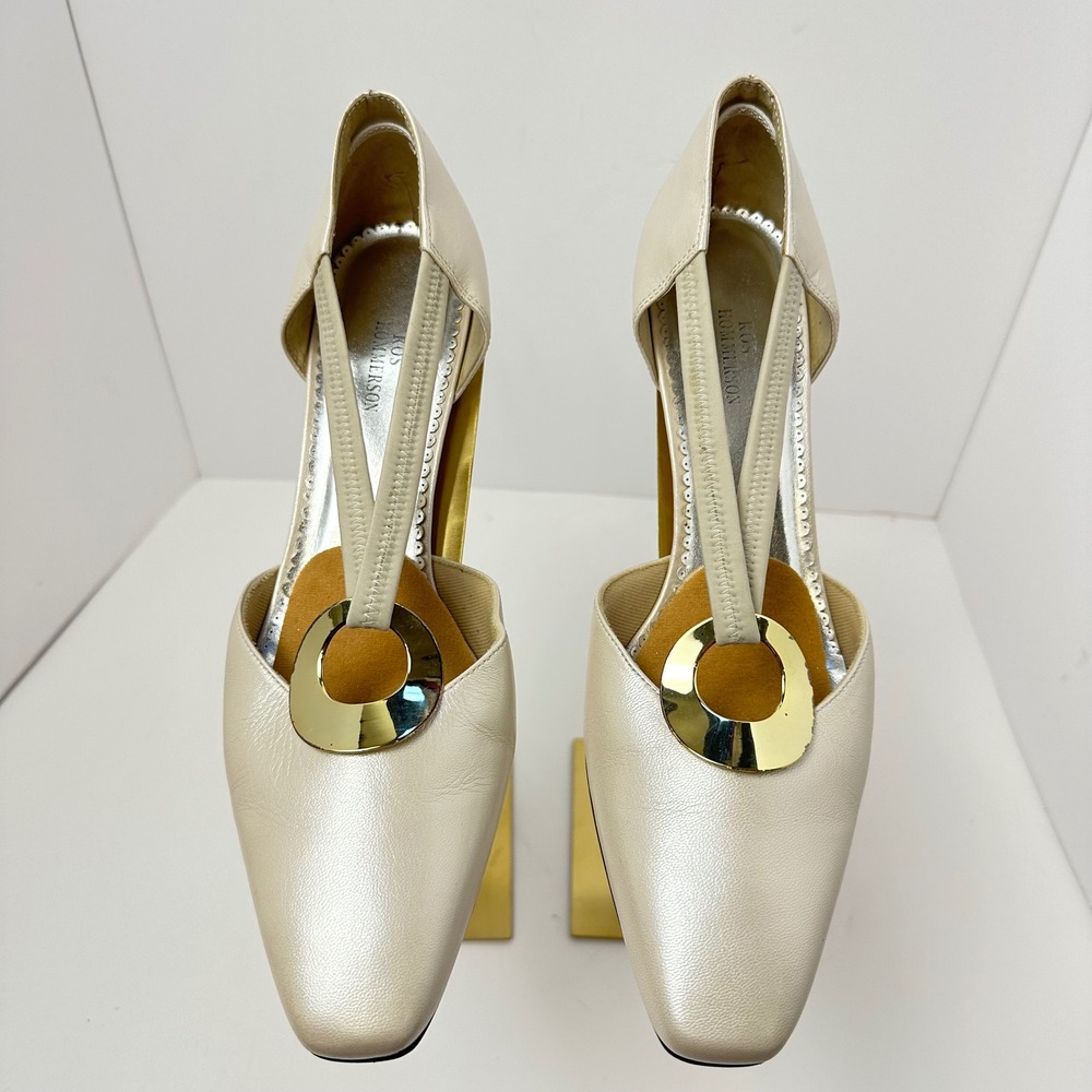 Vintage Ros Hommerson Champagne‎ Pearl Leather T-Strap Block Heel pumps 9.5M